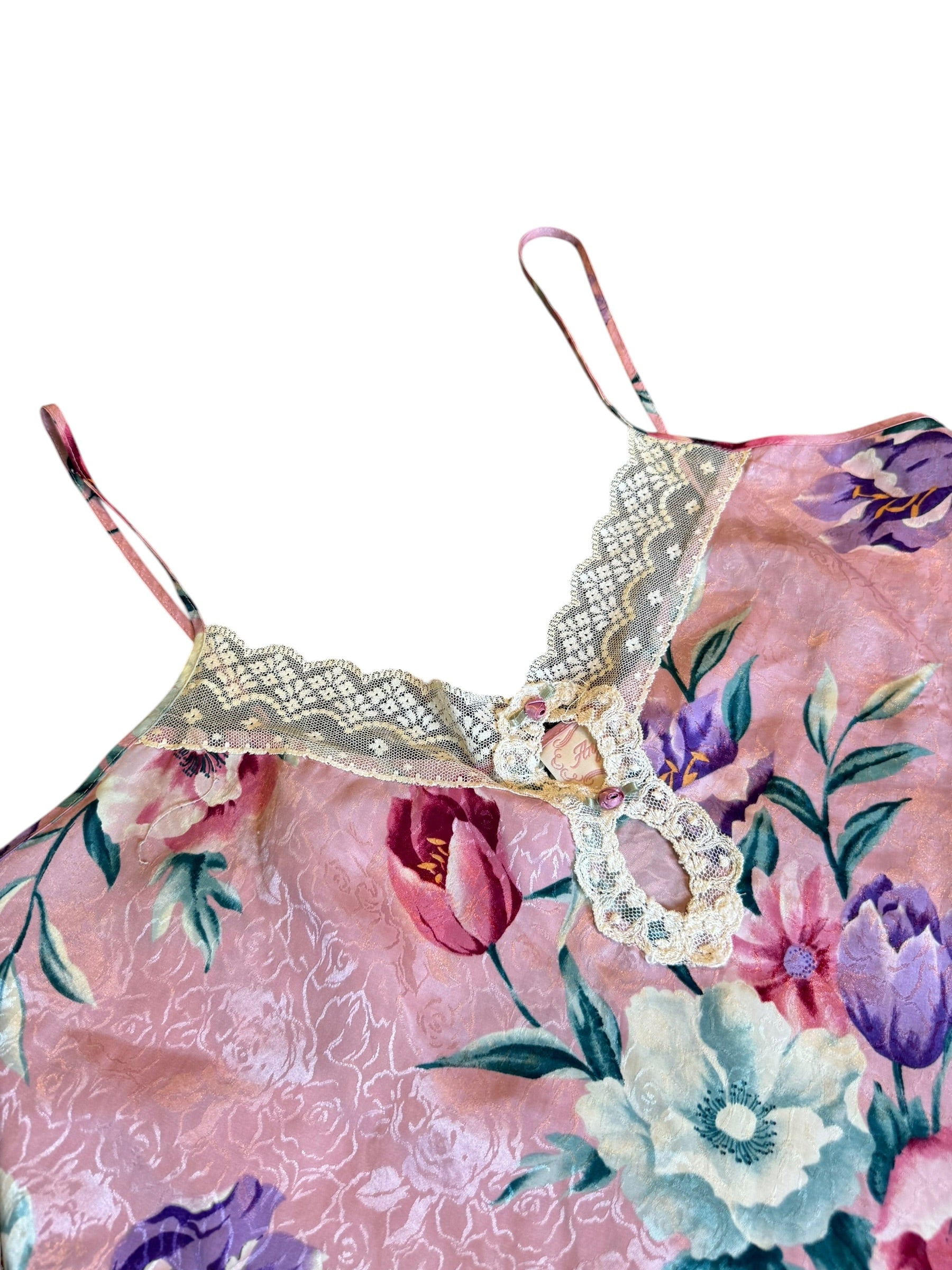Vintage 80s Angelique Floral Print Lingerie Dress Size Medium Pink Satin: Large