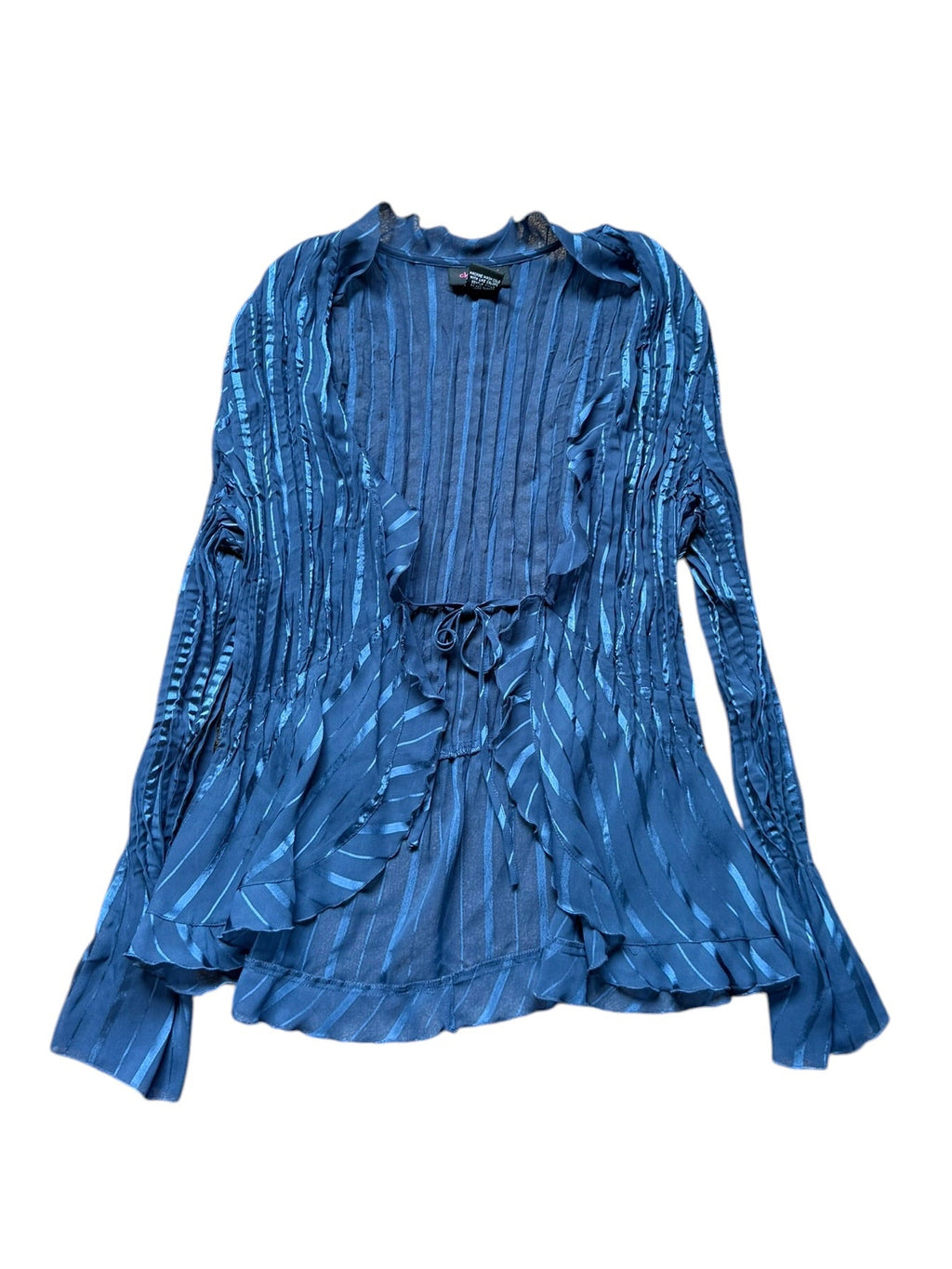 Blue sheer cardigan with ruffles and a tie front (Large)