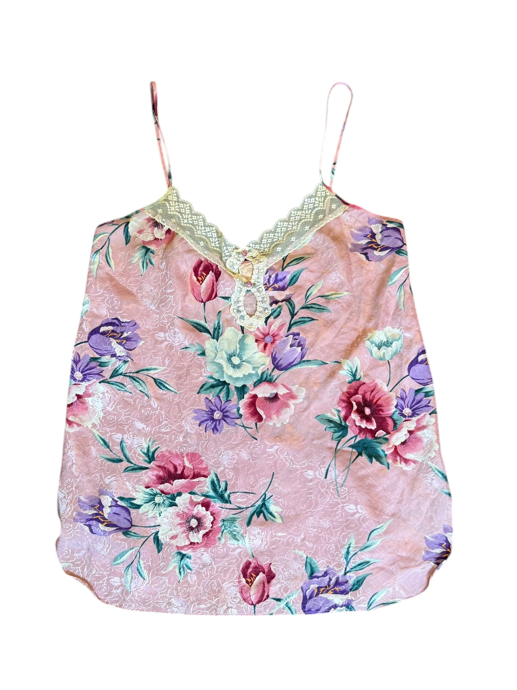 Vintage 80s Angelique Floral Print Lingerie Dress Size Medium Pink Satin: Large