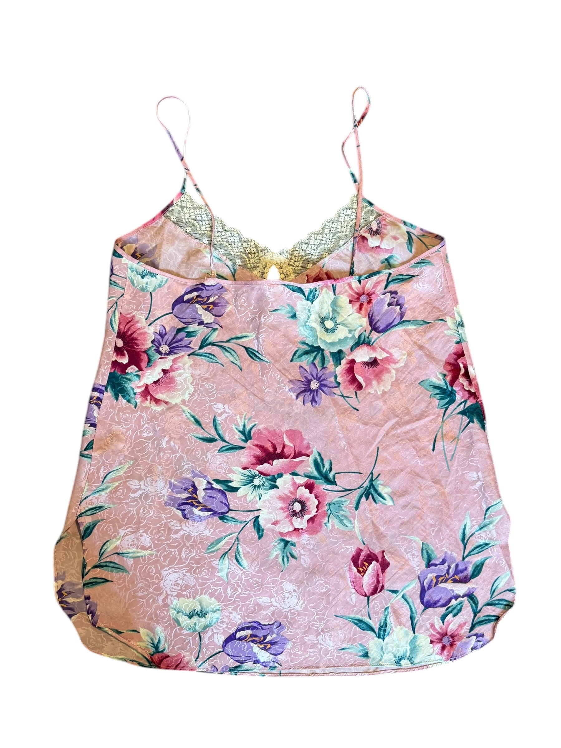 Vintage 80s Angelique Floral Print Lingerie Dress Size Medium Pink Satin: Large