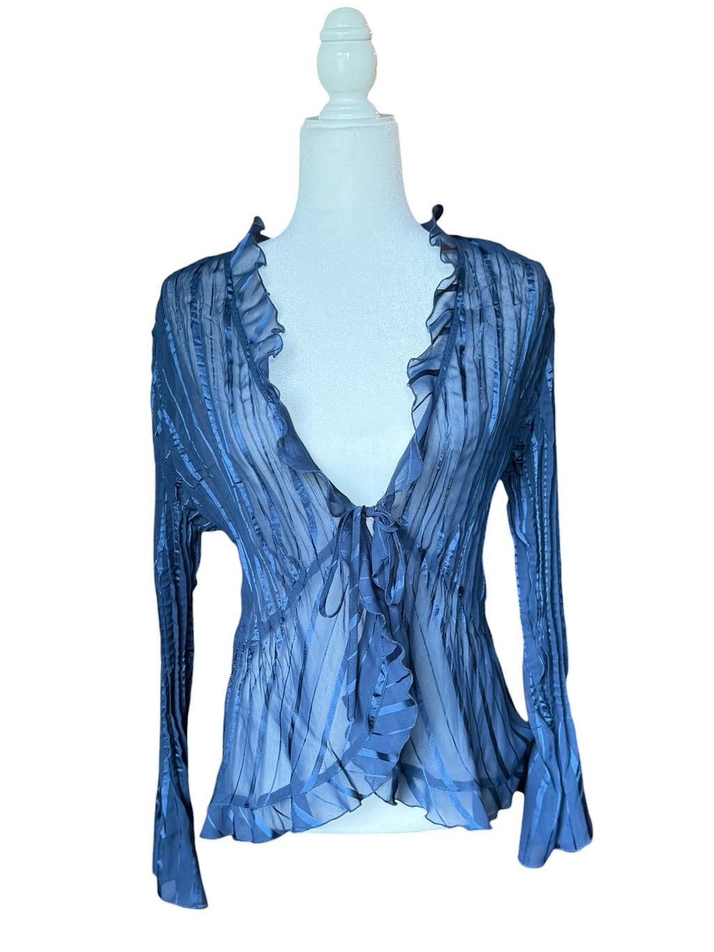 Blue sheer cardigan with ruffles and a tie front (Large)