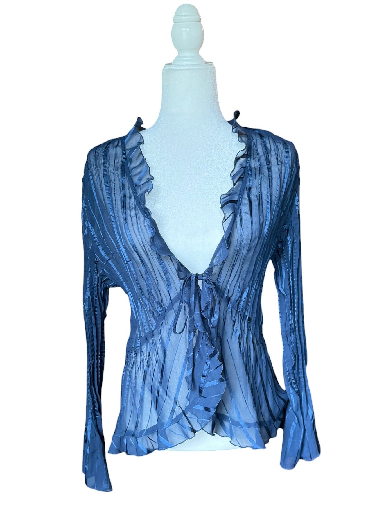 Blue sheer cardigan with ruffles and a tie front (Large)